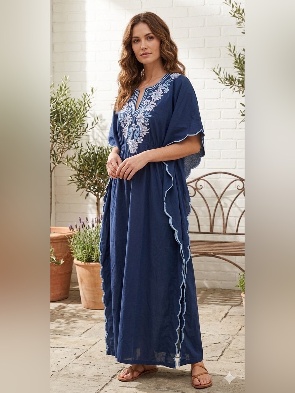 Vintage Navy Blue Embroidered kaftan Maxi Dress